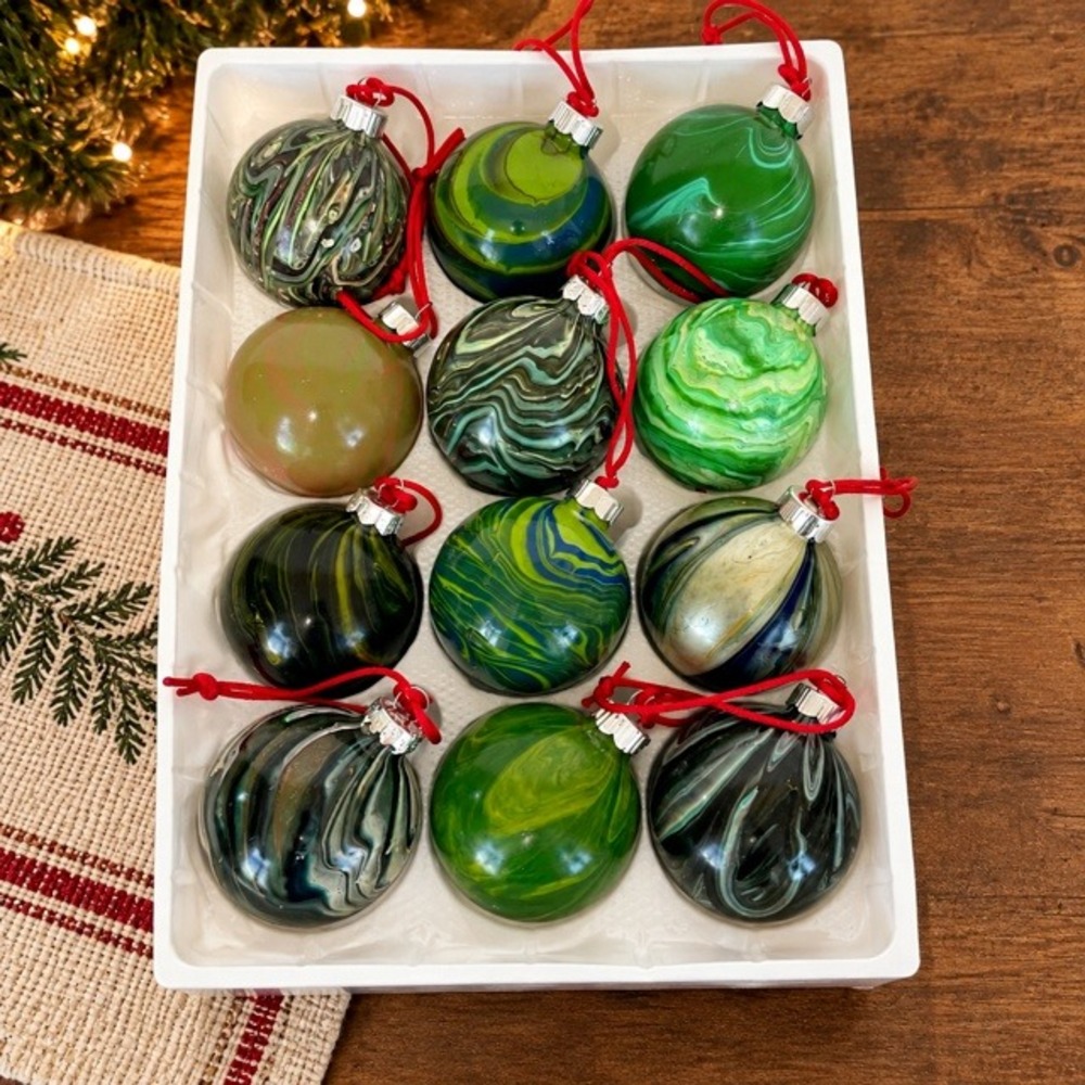 Handcrafted Glass Christmas Ornaments Set of 12 Green Marbled Paint Pour